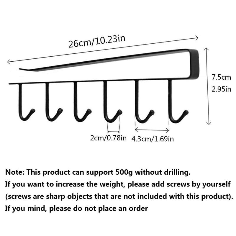 (Without Screws) Cup Hook Shelf, 1 Count Multifunctional under Cabinet 6 Hooks Cup Storage Rack, Home Organizer for Kitchen Bathroom Bedroom
